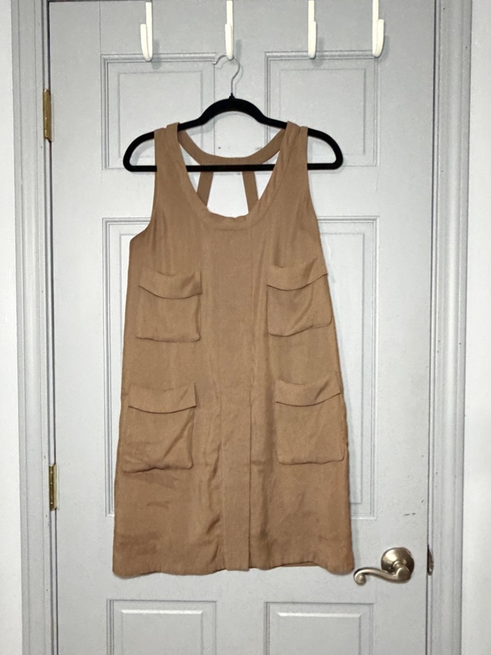 BCBGMAXAZRIA Tan Shift Dress Utility Pockets Sleeveless Size S